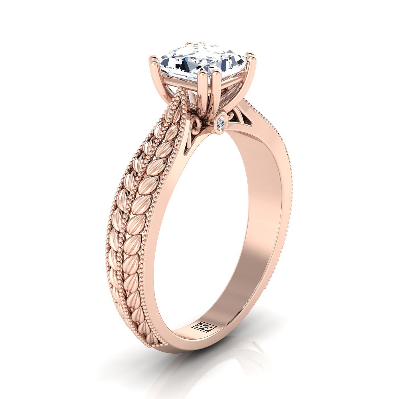 Antique Wheat Bead Solitaire Princess, in 14K Rose Gold, prong setting – side profile | RockHer