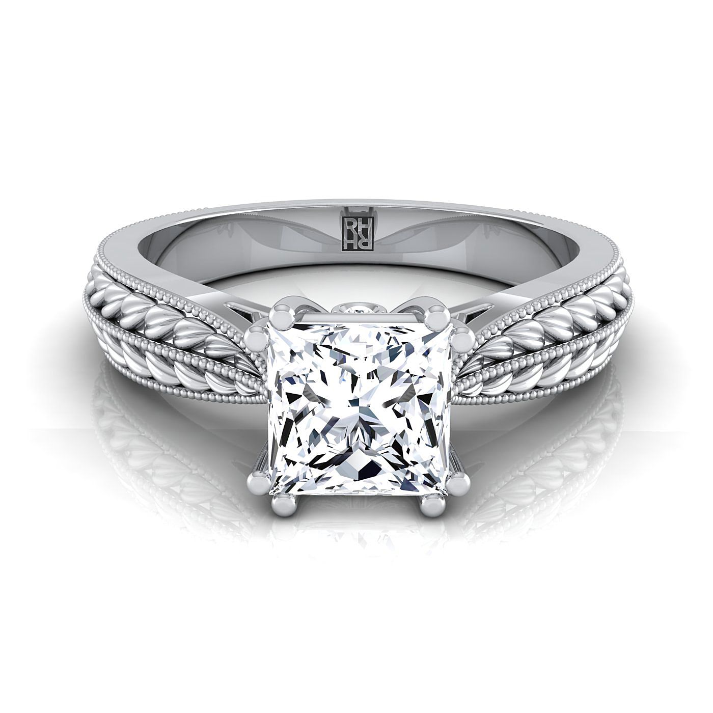 Antique Wheat Bead Solitaire Princess, in 18K White Gold | RockHer