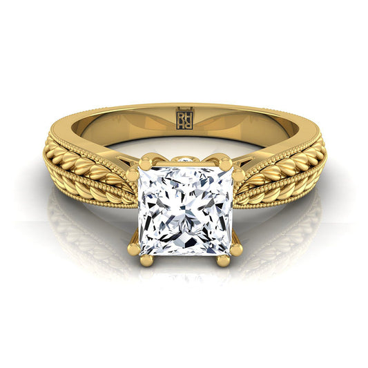 Antique Wheat Bead Solitaire Princess, in 18K Yellow Gold | RockHer