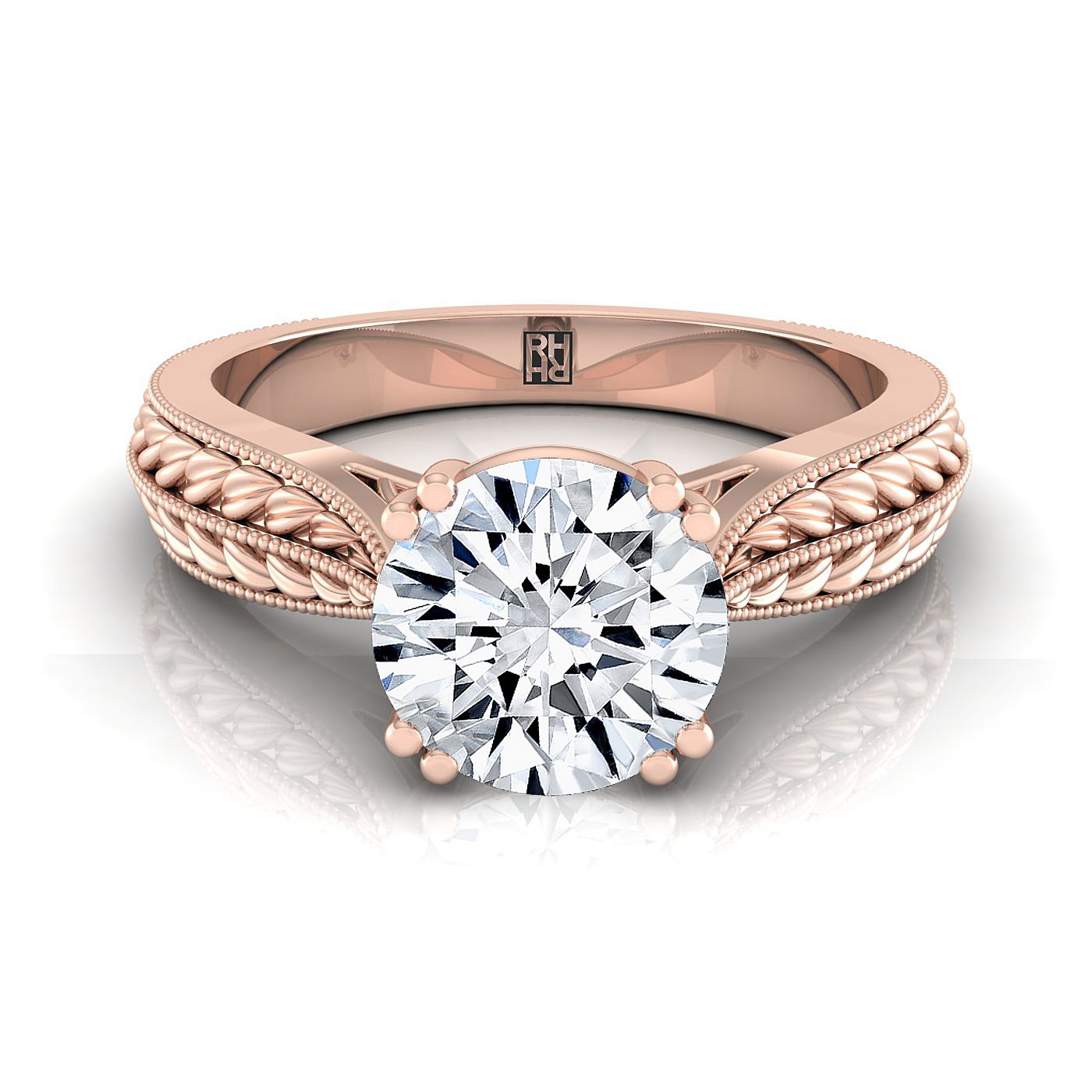 Round Brilliant, Antique Wheat Bead Solitaire, in 14K Rose Gold, prong setting | RockHer