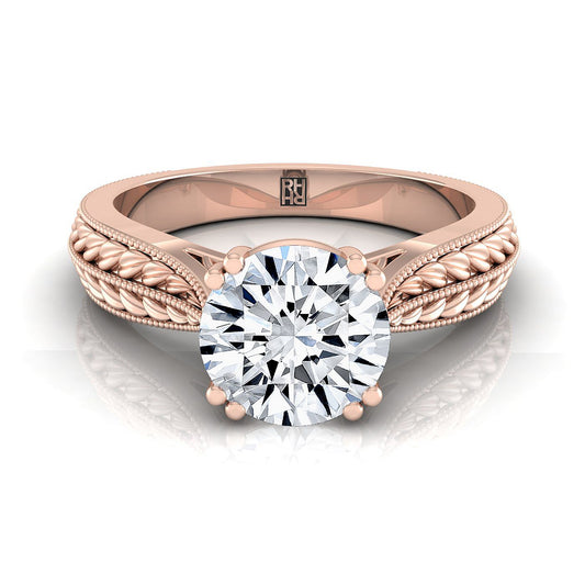 14K Rose Gold Round Brilliant Antique Wheat and Bead Pinched Solitaire Engagement RIng