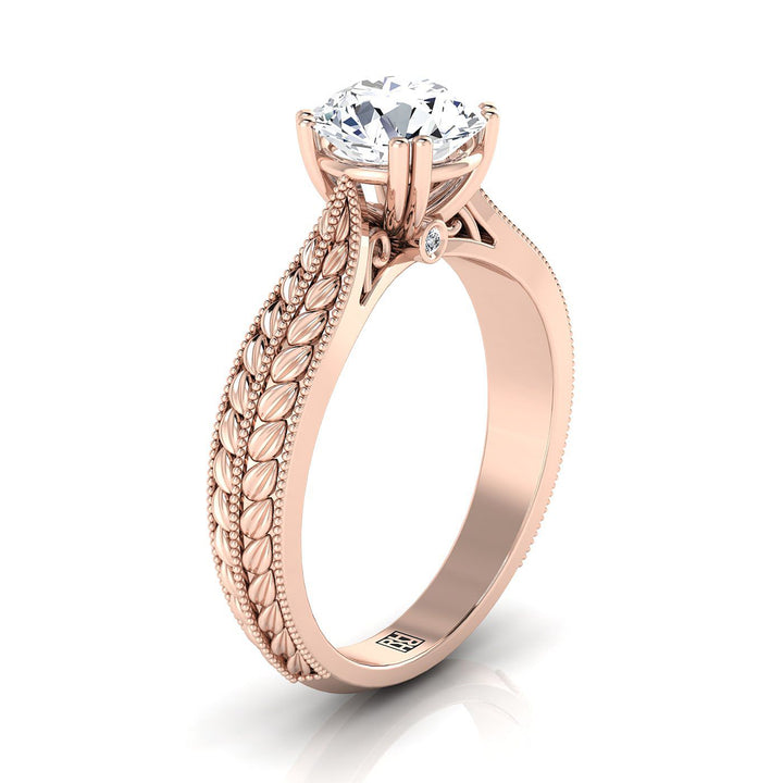 Round Brilliant, Antique Wheat Bead Solitaire, in 14K Rose Gold, prong setting – side profile | RockHer