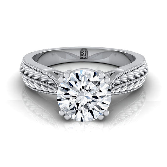 Platinum Round Brilliant Antique Wheat and Bead Pinched Solitaire Engagement RIng