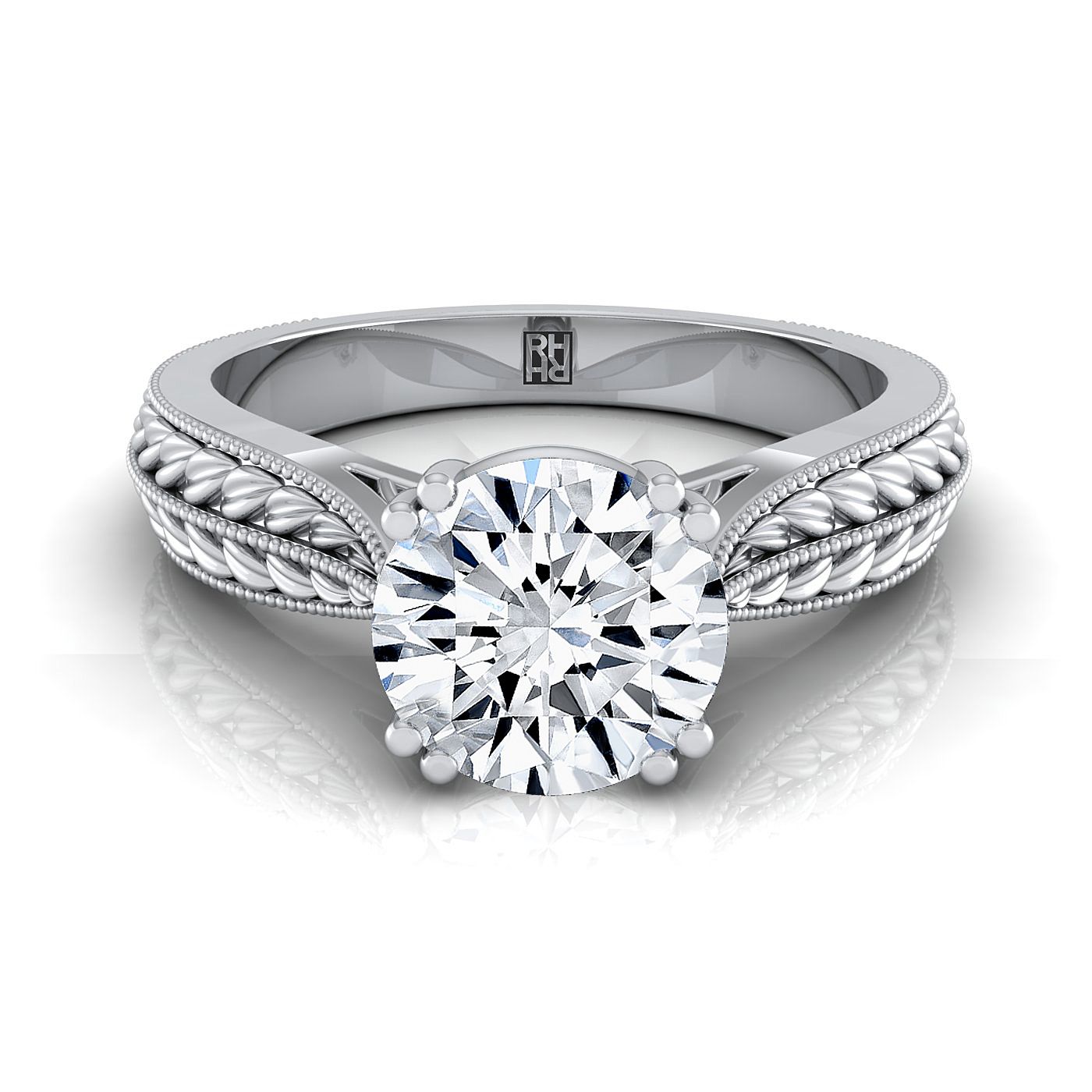 14K White Gold Round Brilliant Antique Wheat and Bead Pinched Solitaire Engagement RIng