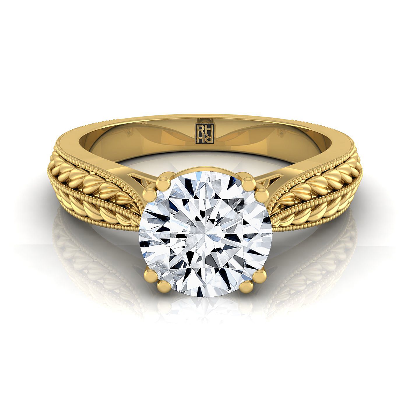 Round Brilliant, Antique Wheat Bead Solitaire, in 18K Yellow Gold | RockHer