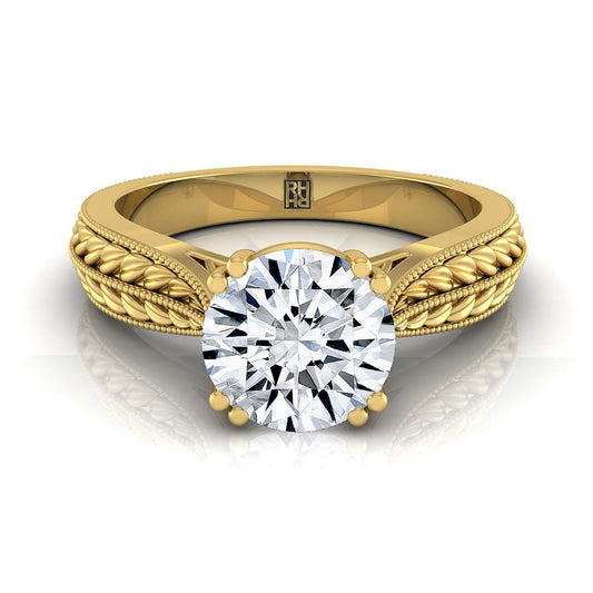 Round Brilliant, Antique Wheat Bead Solitaire, in 18K Yellow Gold | RockHer