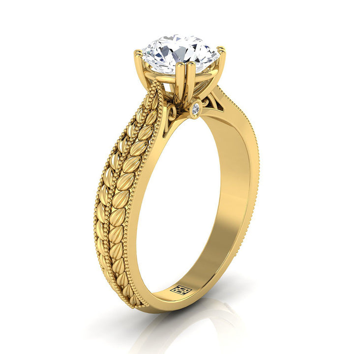 14K Yellow Gold Round Brilliant Antique Wheat and Bead Pinched Solitaire Engagement RIng