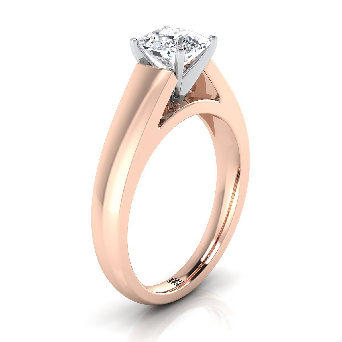 High Polish Tapered Signet Solitaire Cushion, in 14K Rose Gold, prong setting – side profile | RockHer