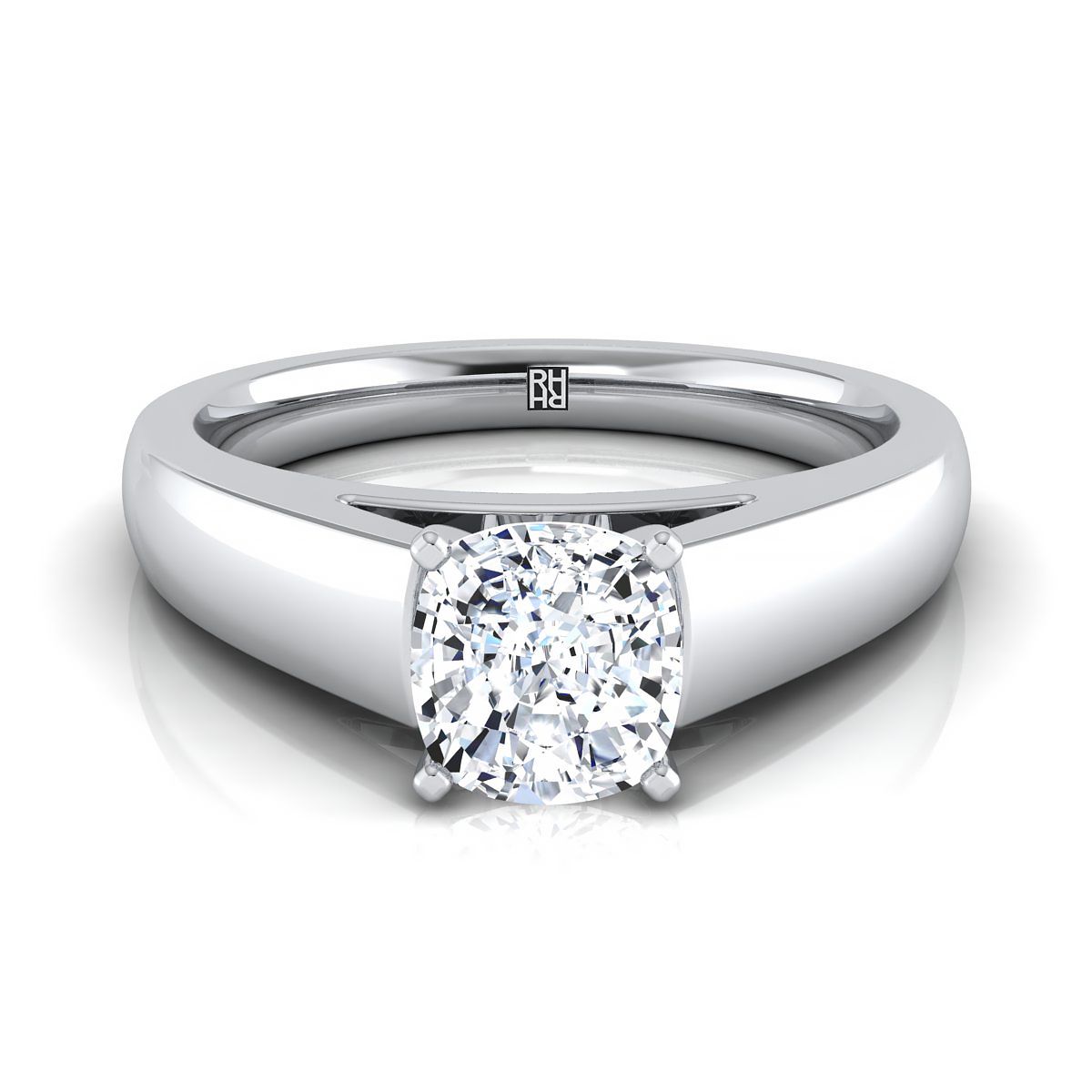 High Polish Tapered Signet Solitaire Cushion, in 18K White Gold | RockHer