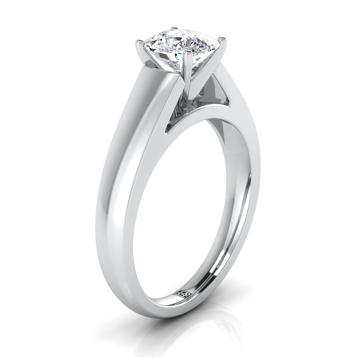 High Polish Tapered Signet Solitaire Cushion, in Platinum, prong setting – side profile | RockHer