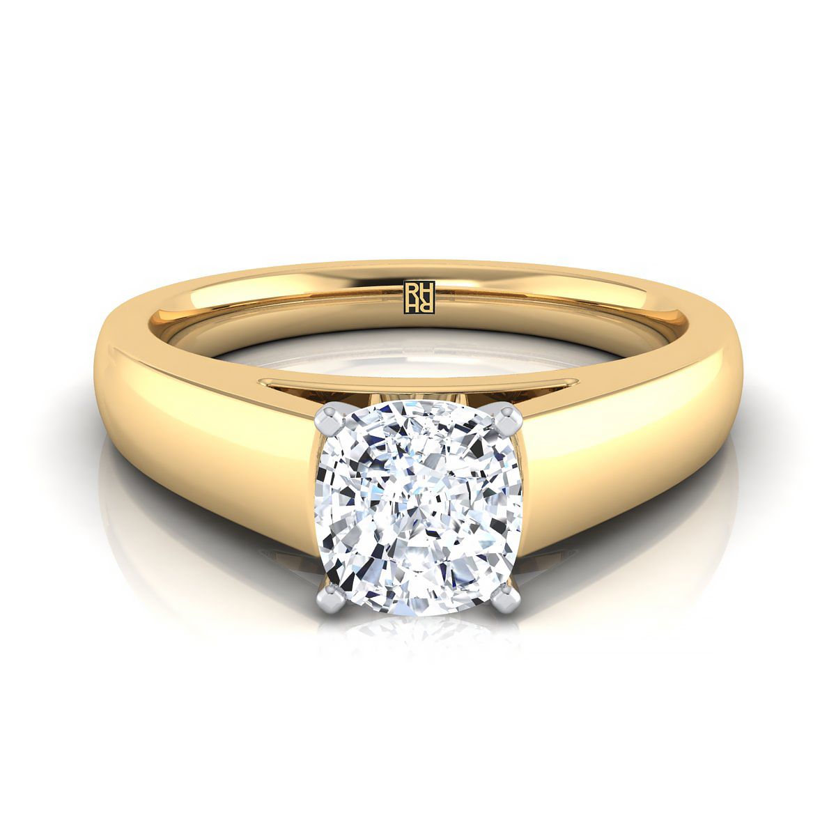 High Polish Tapered Signet Solitaire Cushion, in 18K Yellow Gold | RockHer