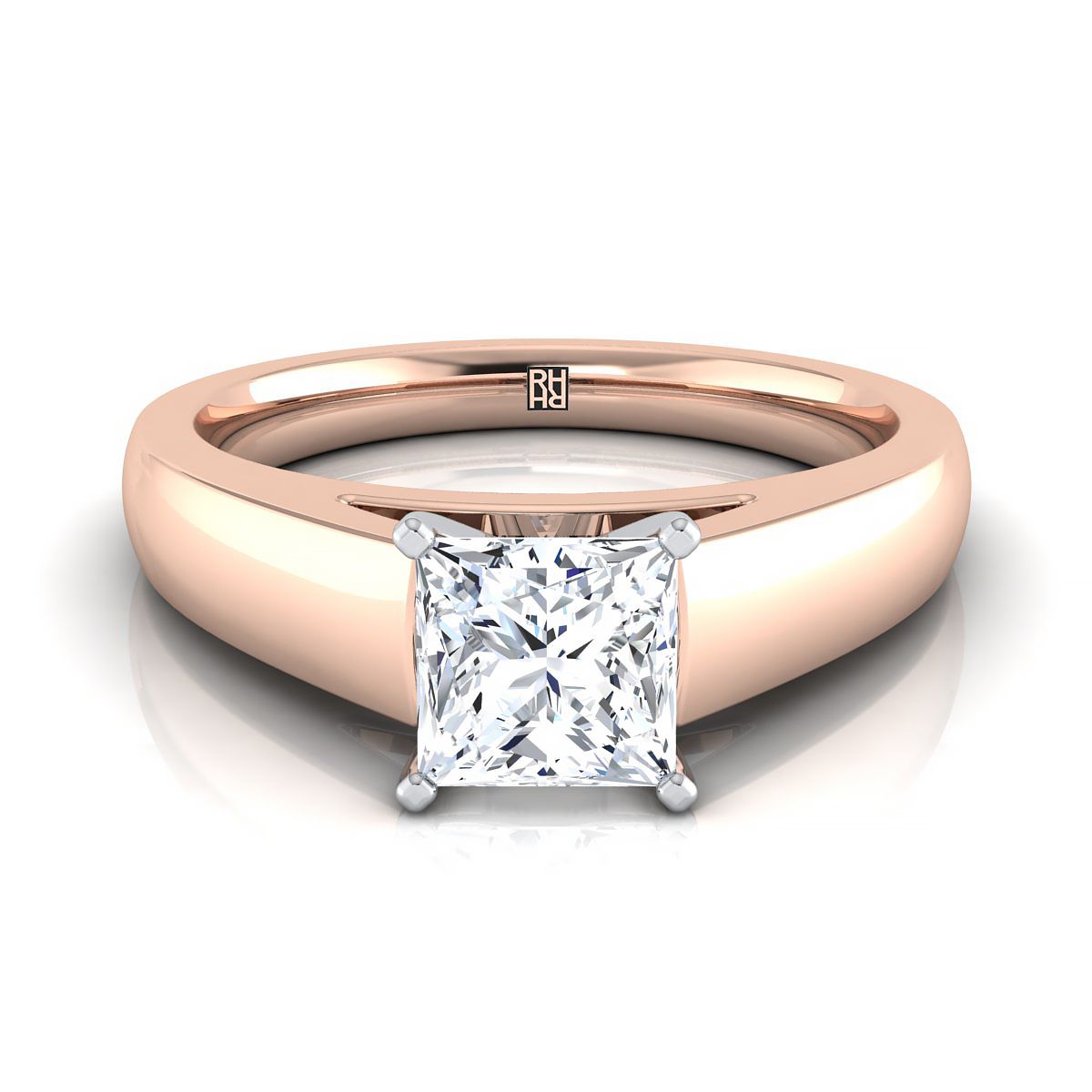 High Polish Tapered Signet Solitaire Princess, in 14K Rose Gold, prong setting | RockHer