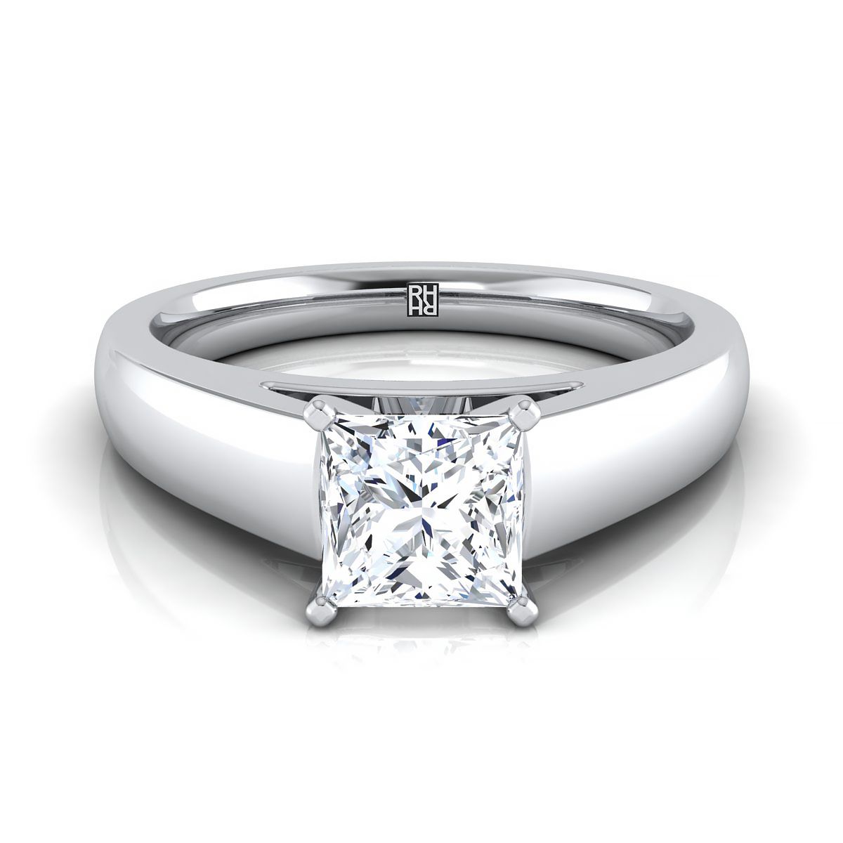 High Polish Tapered Signet Solitaire Princess, in Platinum, prong setting | RockHer