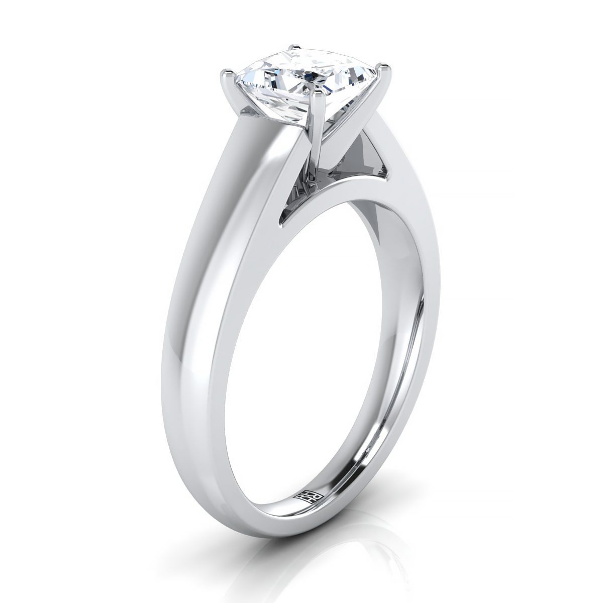 18K White Gold Princess Cut  High Polished Signet Style Tapered Solitaire Engagement Ring