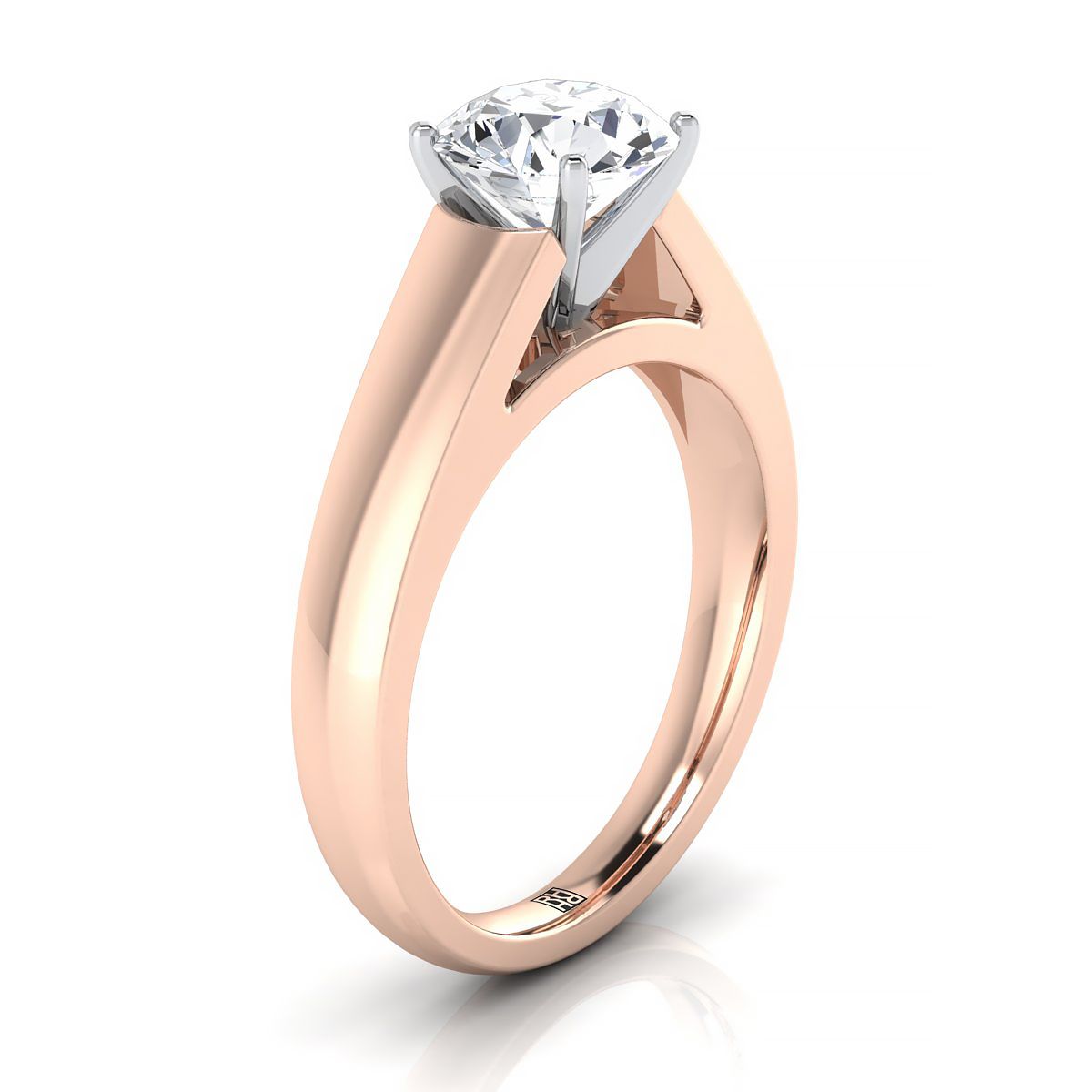 Round Brilliant, High Polish Tapered Signet Solitaire, in 14K Rose Gold, prong setting – side profile | RockHer