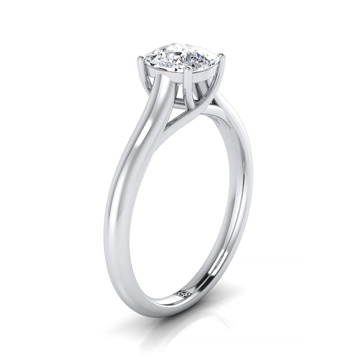 Classic Comfort Fit Rounded Solitaire Cushion, in Platinum, prong setting – side profile | RockHer