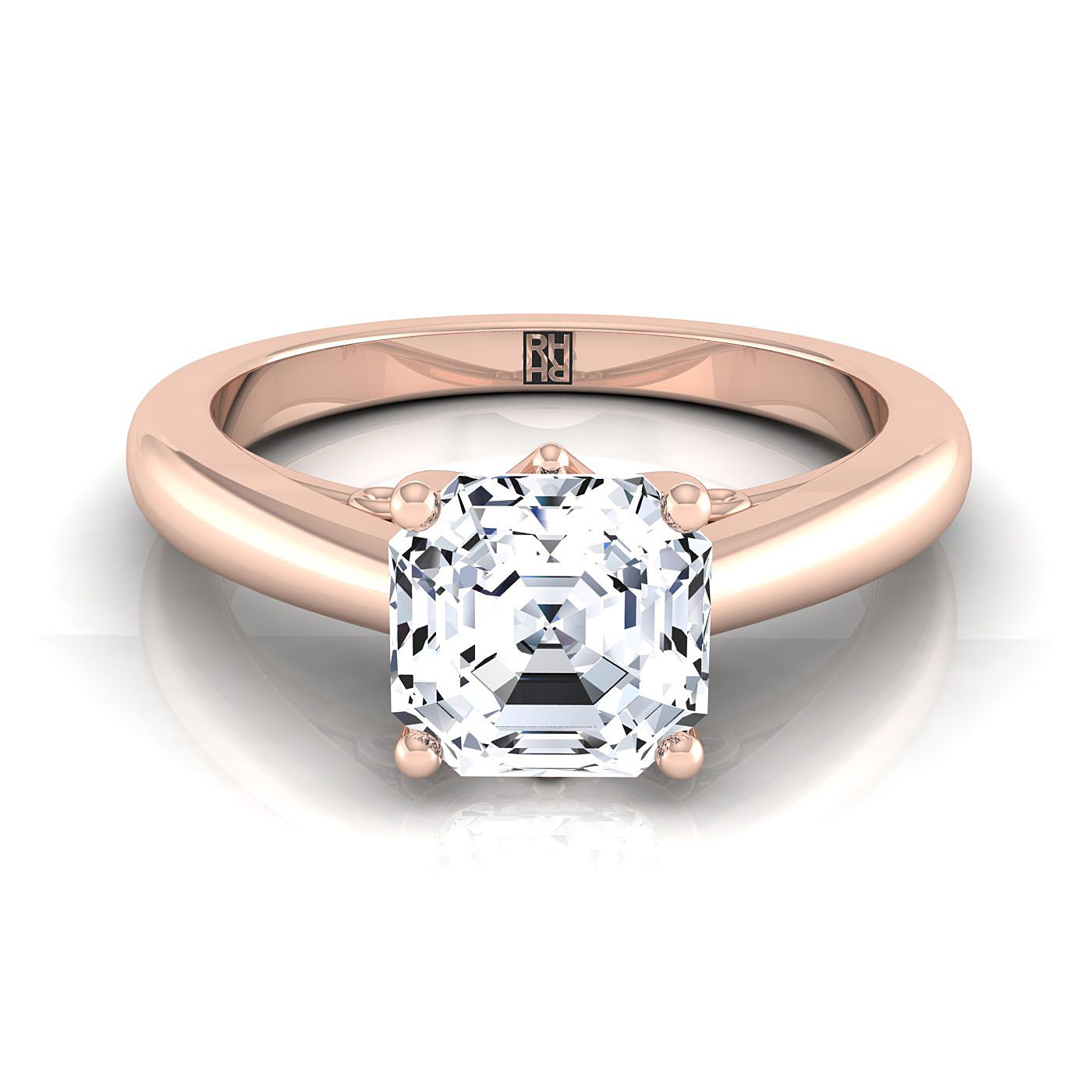 แหวนหมั้นแบบโซลิแทร์ทองคำชมพู 14K แบบ Asscher Cut พร้อมการออกแบบ Scroll Gallery และความสบายในการสวมใส่