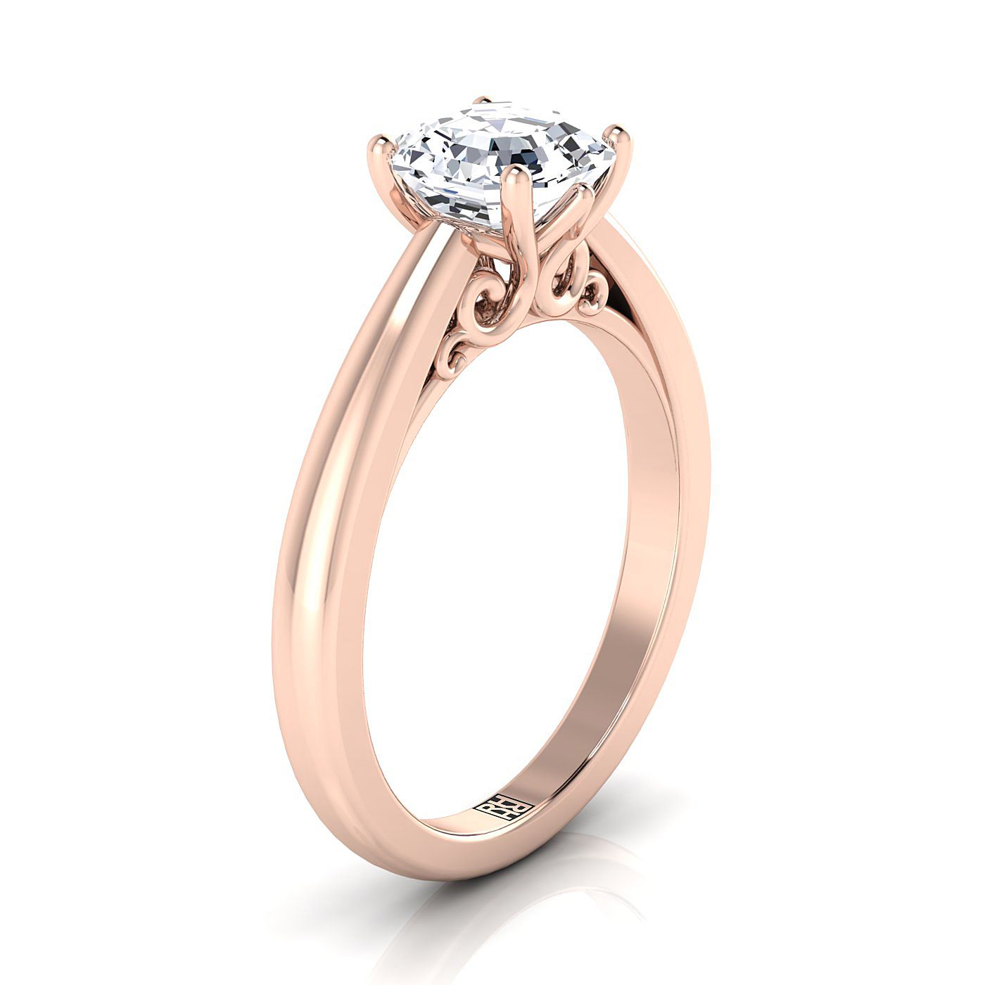 Scroll Gallery Comfort Fit Solitaire Asscher, in 14K Rose Gold – side profile | RockHer