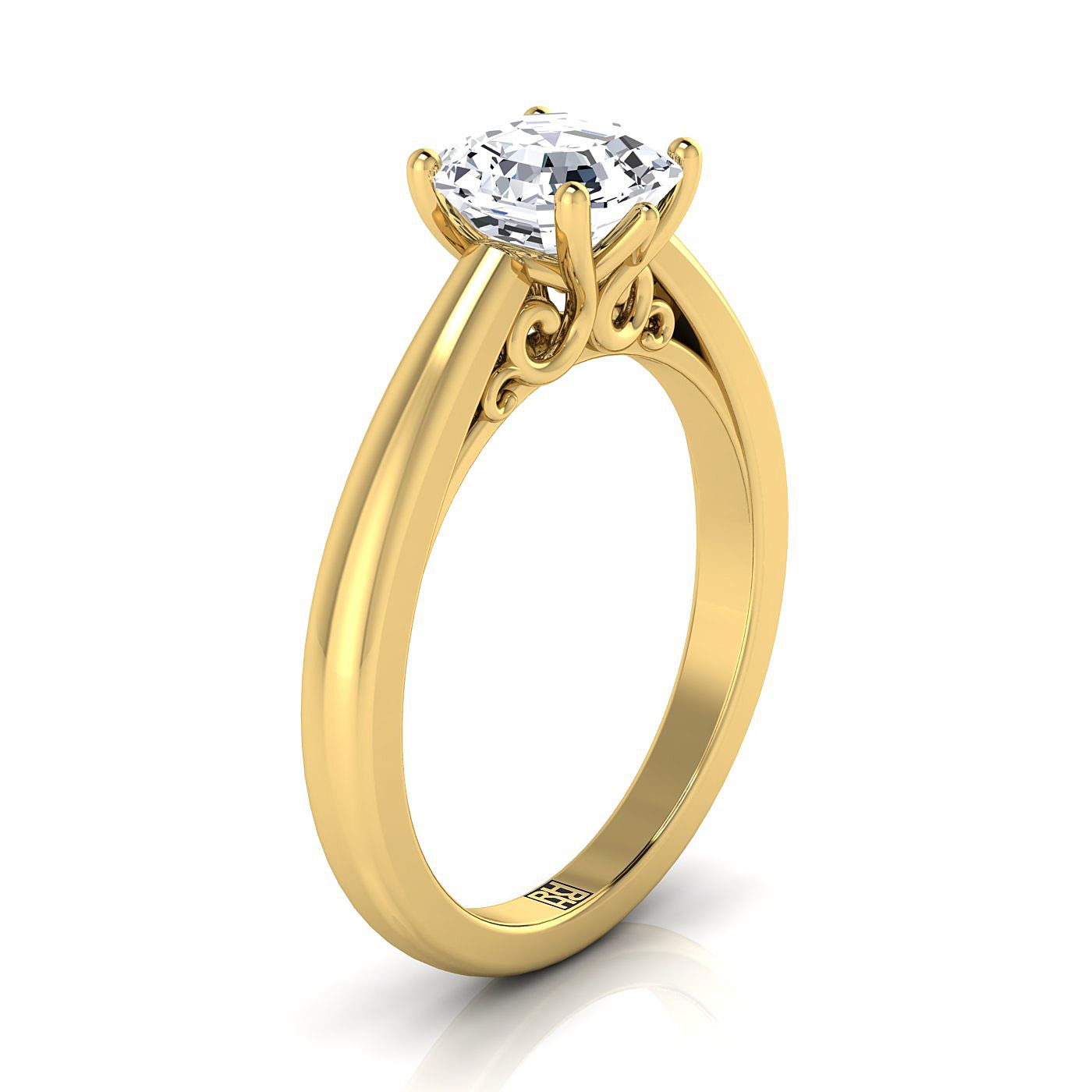 Scroll Gallery Comfort Fit Solitaire Asscher, in 18K Yellow Gold – side profile | RockHer