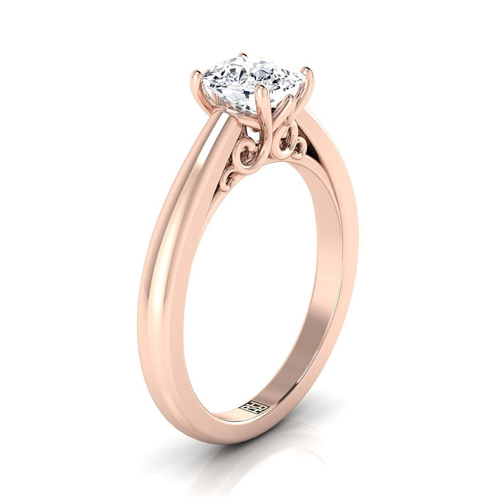 Scroll Gallery Comfort Fit Solitaire Cushion, in 14K Rose Gold – side profile | RockHer