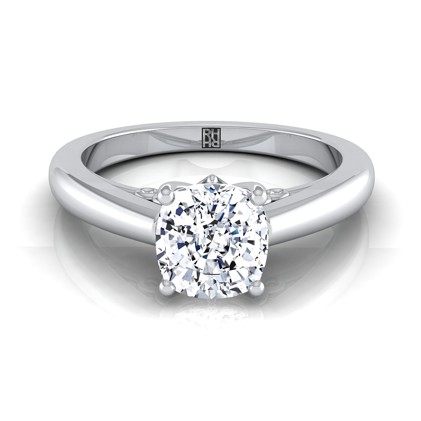 Scroll Gallery Comfort Fit Solitaire Cushion, in 18K White Gold | RockHer