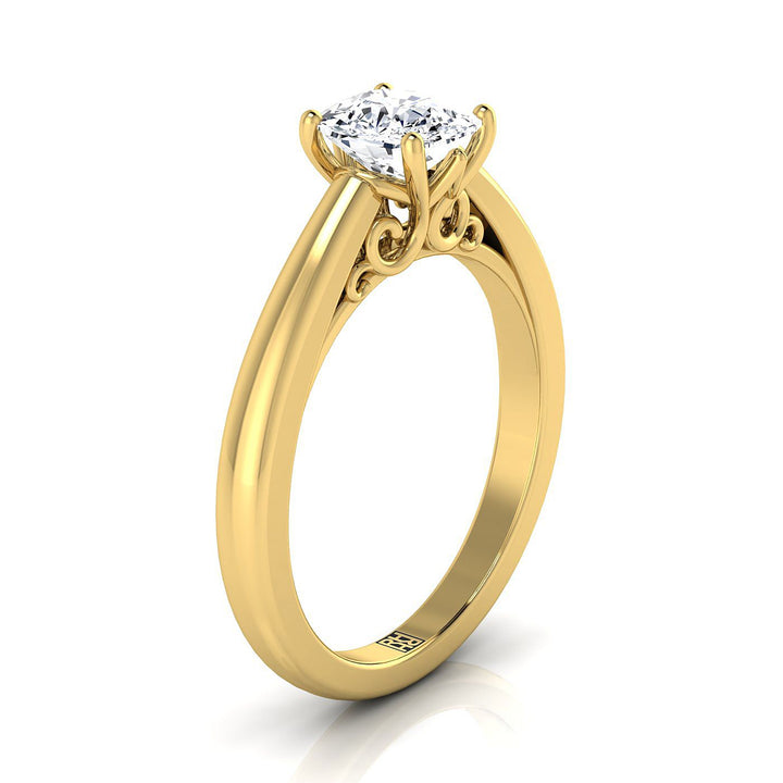 Scroll Gallery Comfort Fit Solitaire Cushion, in 18K Yellow Gold – side profile | RockHer