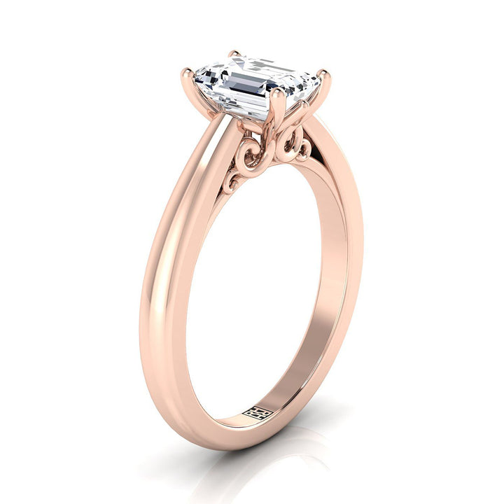 European Cut, Scroll Gallery Comfort Fit Solitaire Emerald, in 14K Rose Gold – side profile | RockHer