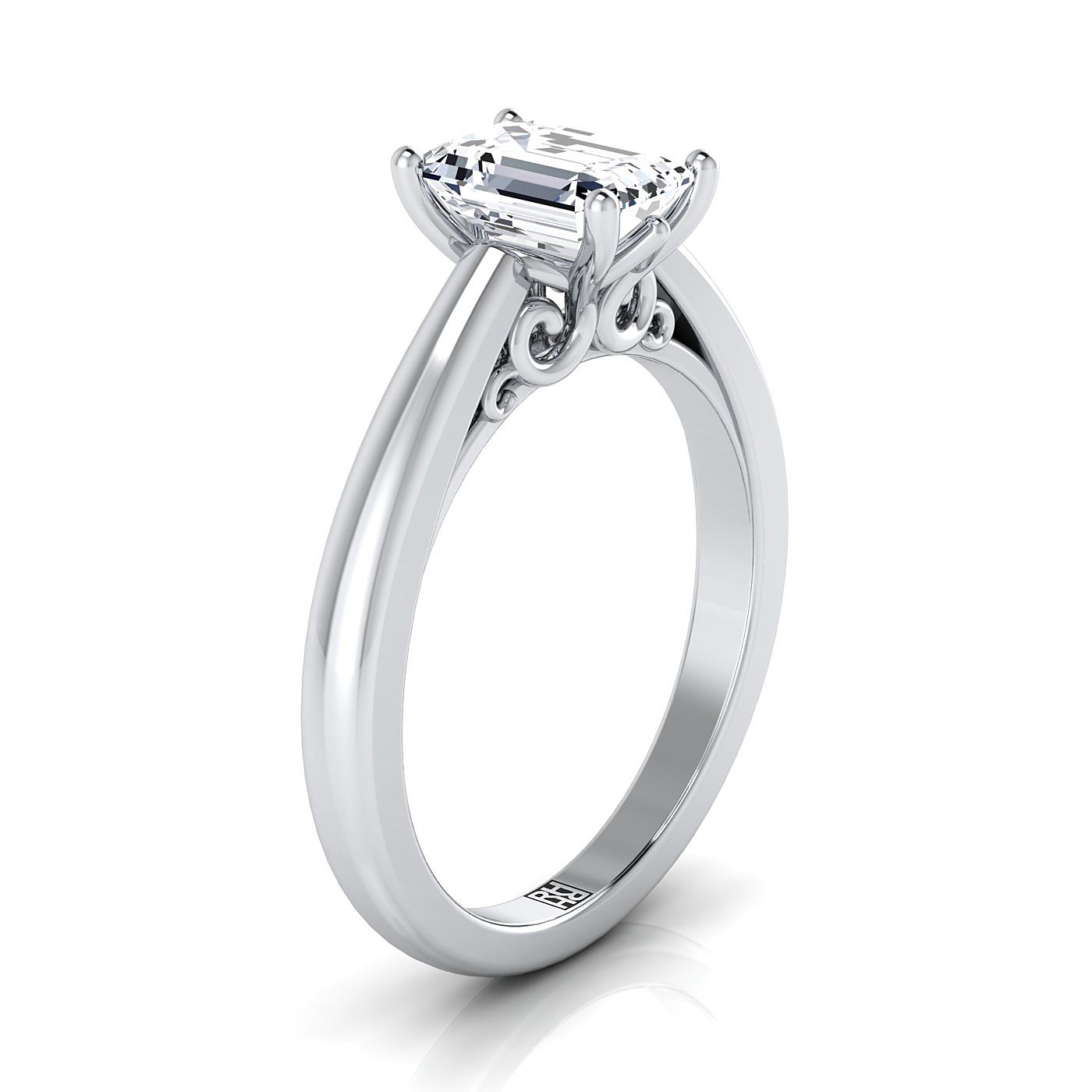 European Cut, Scroll Gallery Comfort Fit Solitaire Emerald, in Platinum – side profile | RockHer