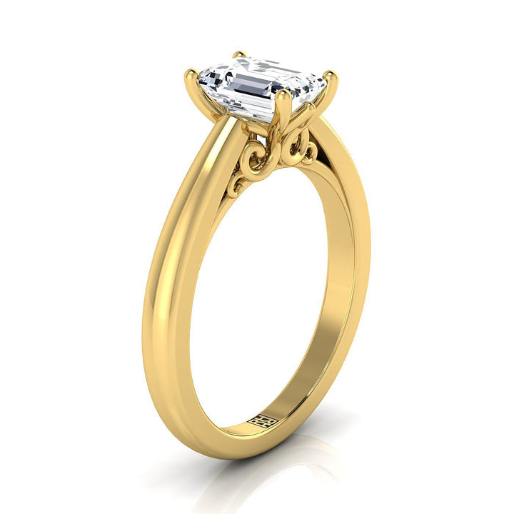 European Cut, Scroll Gallery Comfort Fit Solitaire Emerald, in 18K Yellow Gold – side profile | RockHer