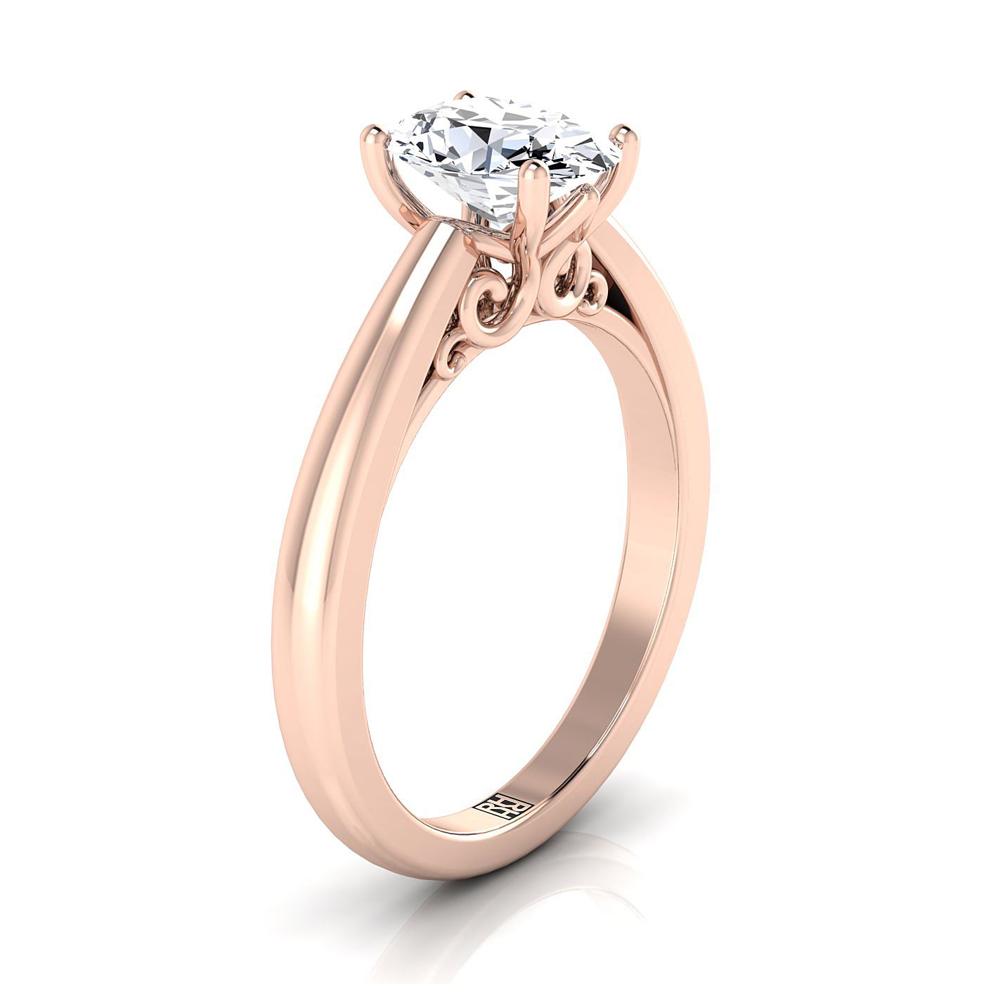 Scroll Gallery Comfort Fit Solitaire Oval, in 14K Rose Gold – side profile | RockHer