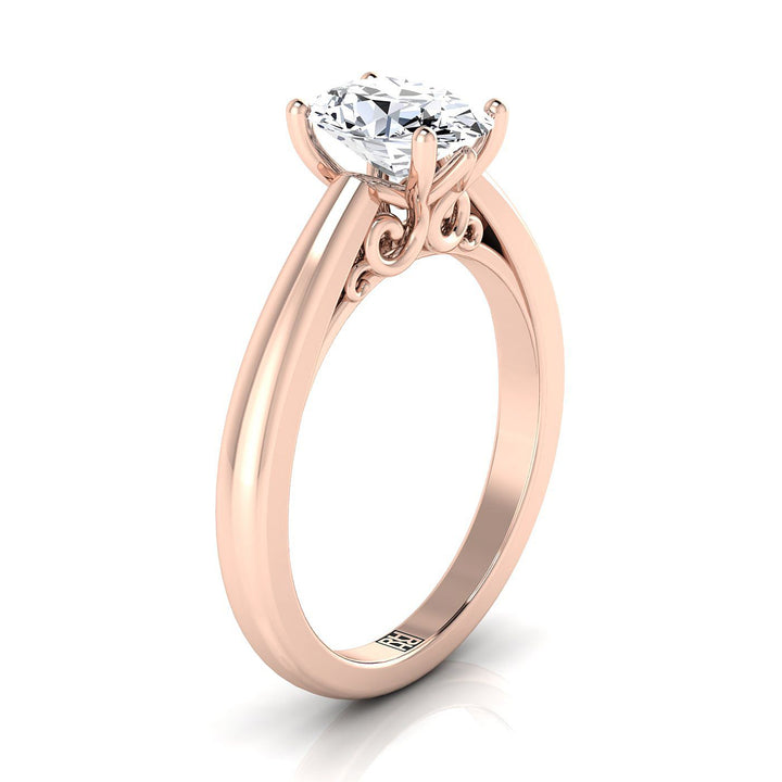 Scroll Gallery Comfort Fit Solitaire Oval, in 14K Rose Gold – side profile | RockHer