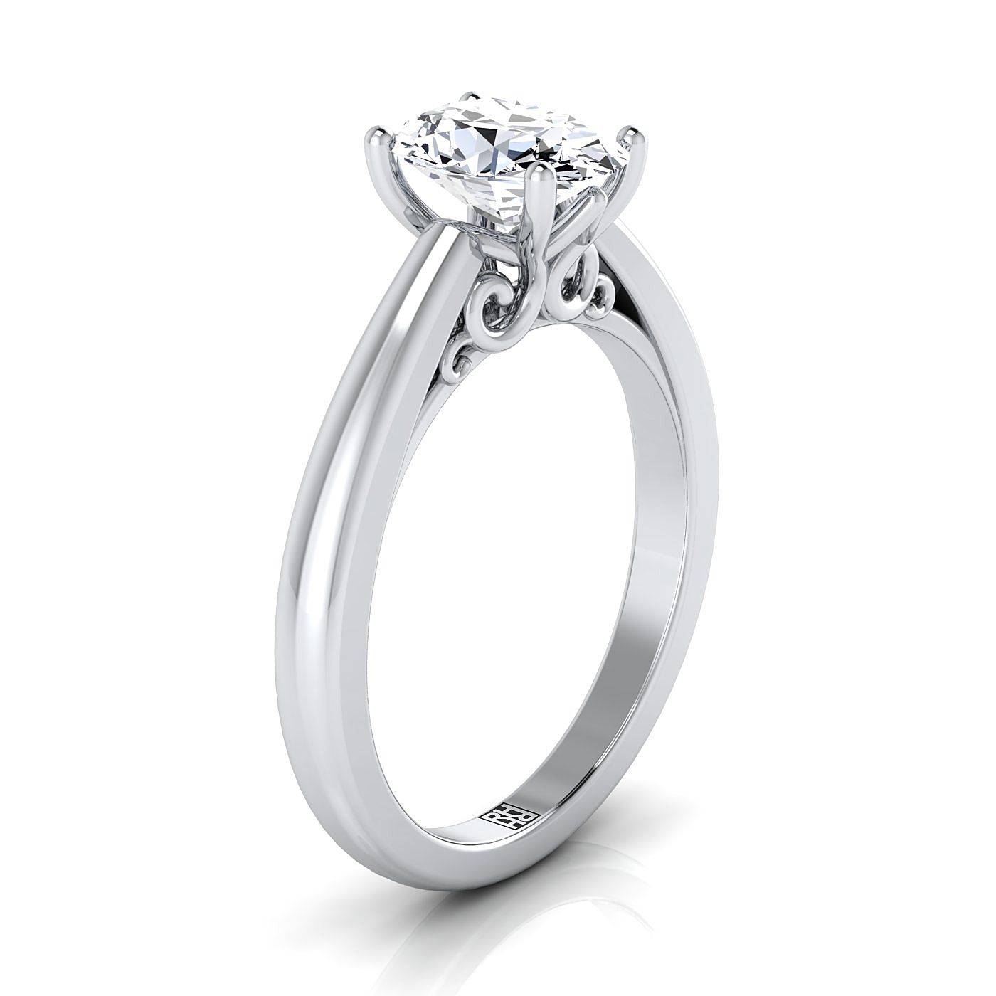 Scroll Gallery Comfort Fit Solitaire Oval, in 18K White Gold – side profile | RockHer