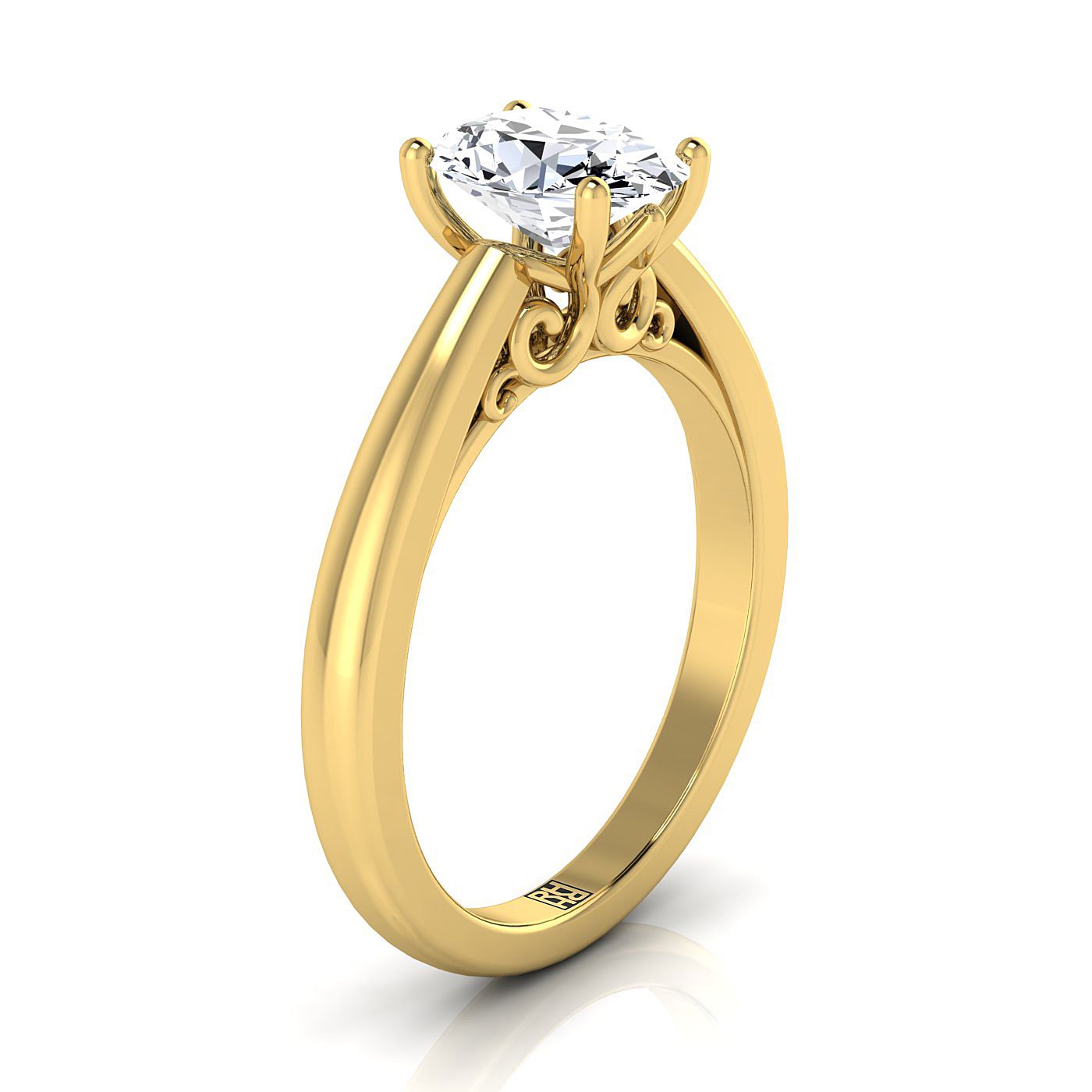 Scroll Gallery Comfort Fit Solitaire Oval, in 18K Yellow Gold – side profile | RockHer