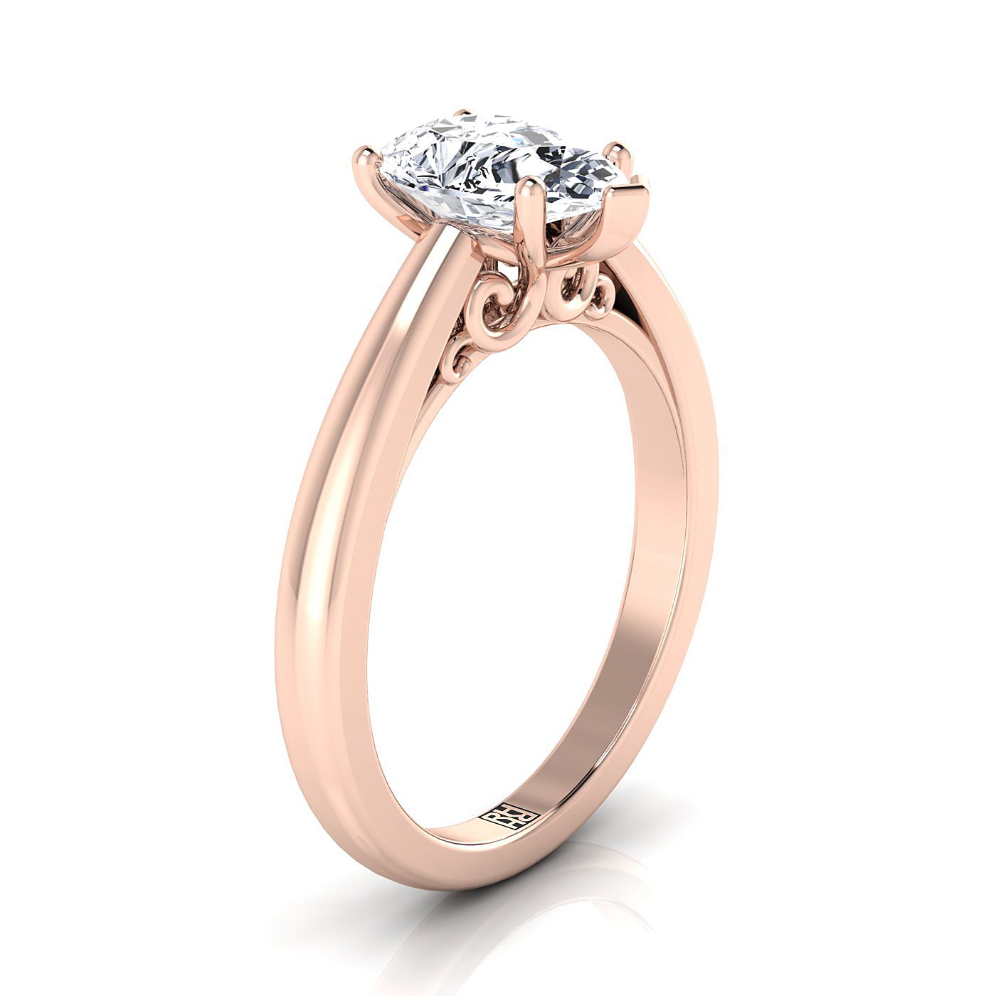 Scroll Gallery Comfort Fit Solitaire Pear Shape, in 14K Rose Gold, prong setting – side profile | RockHer