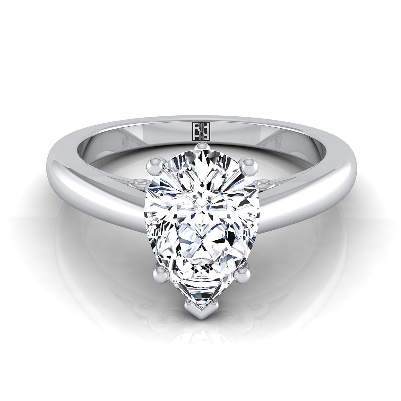 14K White Gold Pear Shape Center Scroll Gallery Comfort Fit Solitaire Engagement Ring