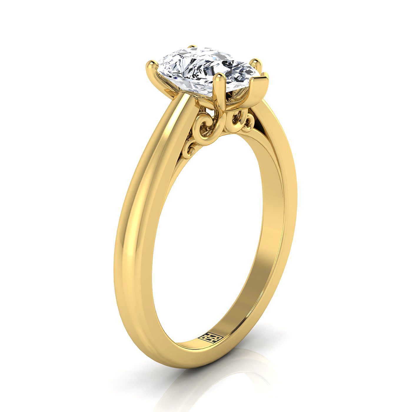 18K Yellow Gold Pear Shape Center Scroll Gallery Comfort Fit Solitaire Engagement Ring
