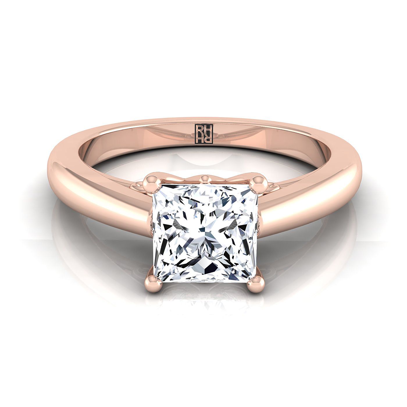 Scroll Gallery Comfort Fit Solitaire Princess, in 14K Rose Gold | RockHer