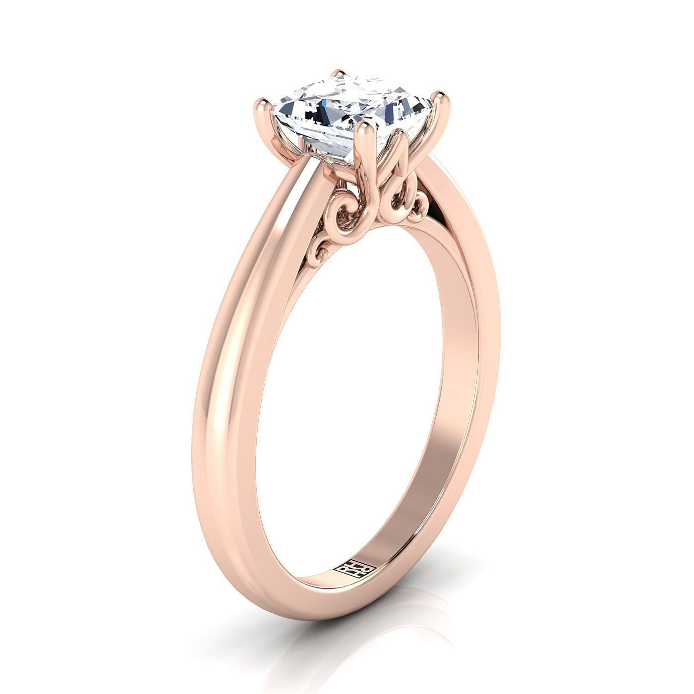 Scroll Gallery Comfort Fit Solitaire Princess, in 14K Rose Gold – side profile | RockHer