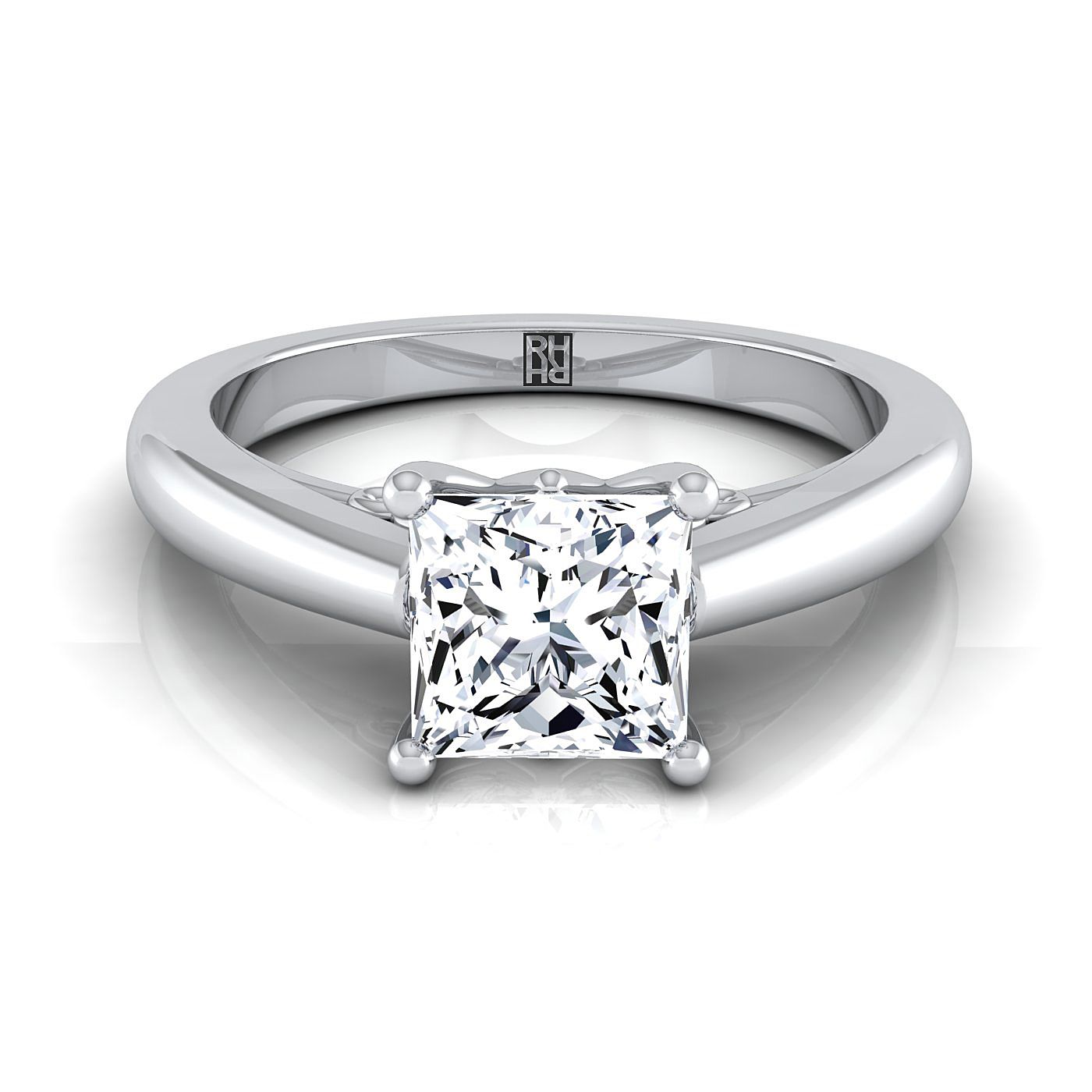 Scroll Gallery Comfort Fit Solitaire Princess, in 18K White Gold | RockHer
