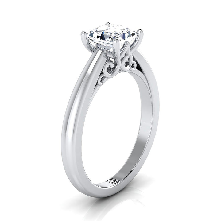 Scroll Gallery Comfort Fit Solitaire Princess, in Platinum – side profile | RockHer