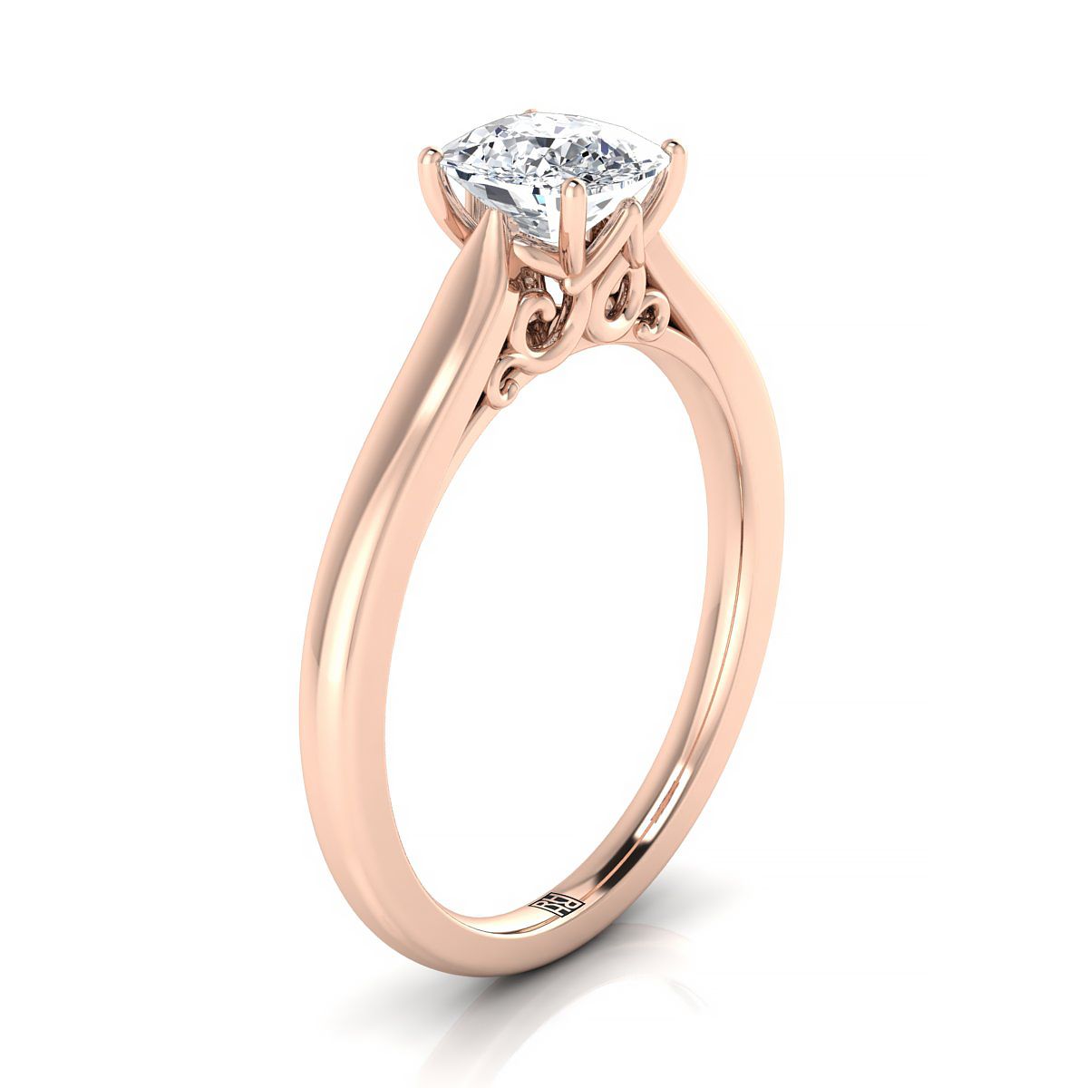 Scroll Gallery Solitaire Cushion, in 14K Rose Gold, prong setting – side profile | RockHer