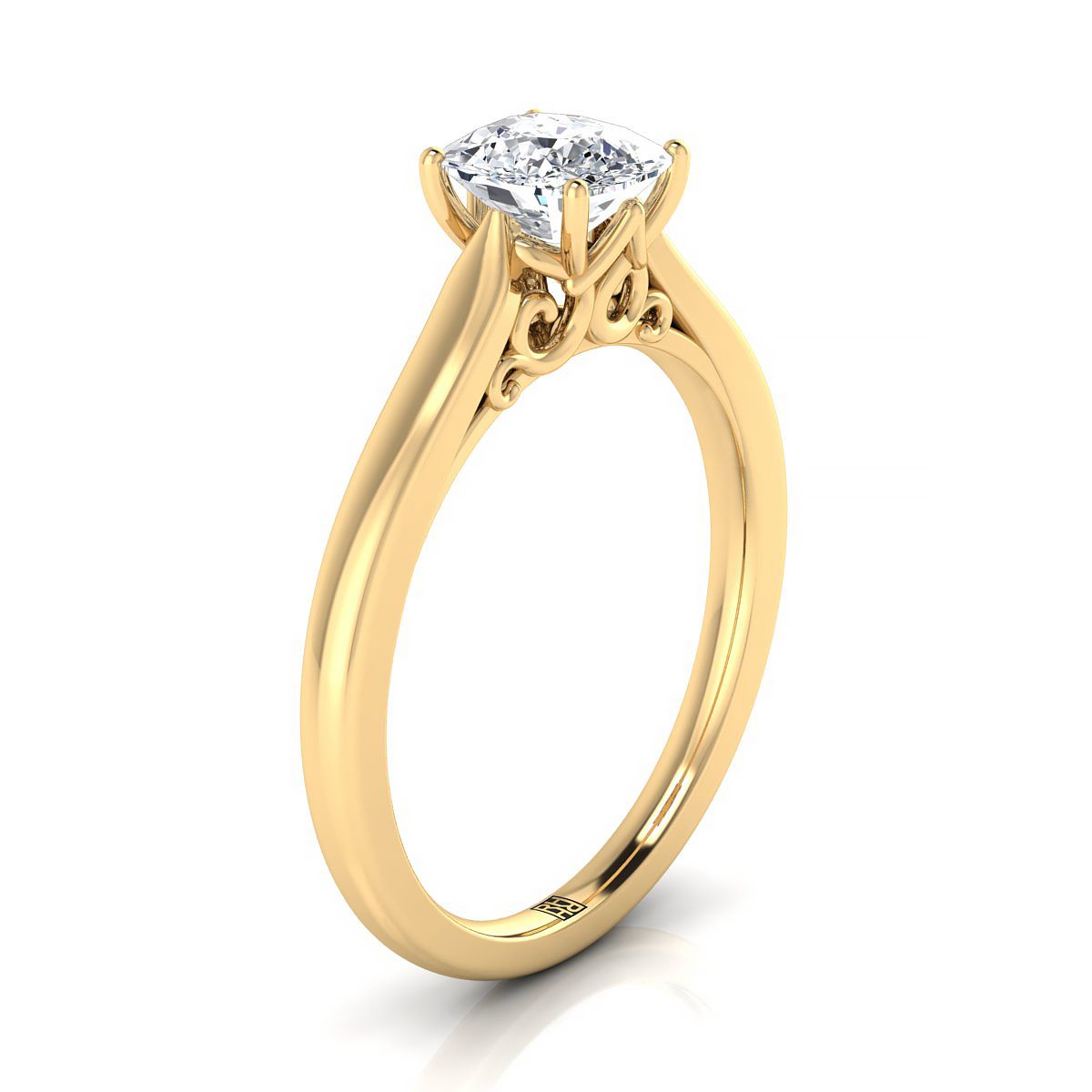 Scroll Gallery Solitaire Cushion, in 18K Yellow Gold – side profile | RockHer