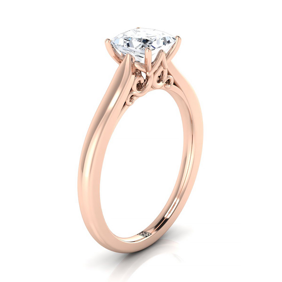 Scroll Gallery Solitaire Princess, in 14K Rose Gold, prong setting – side profile | RockHer