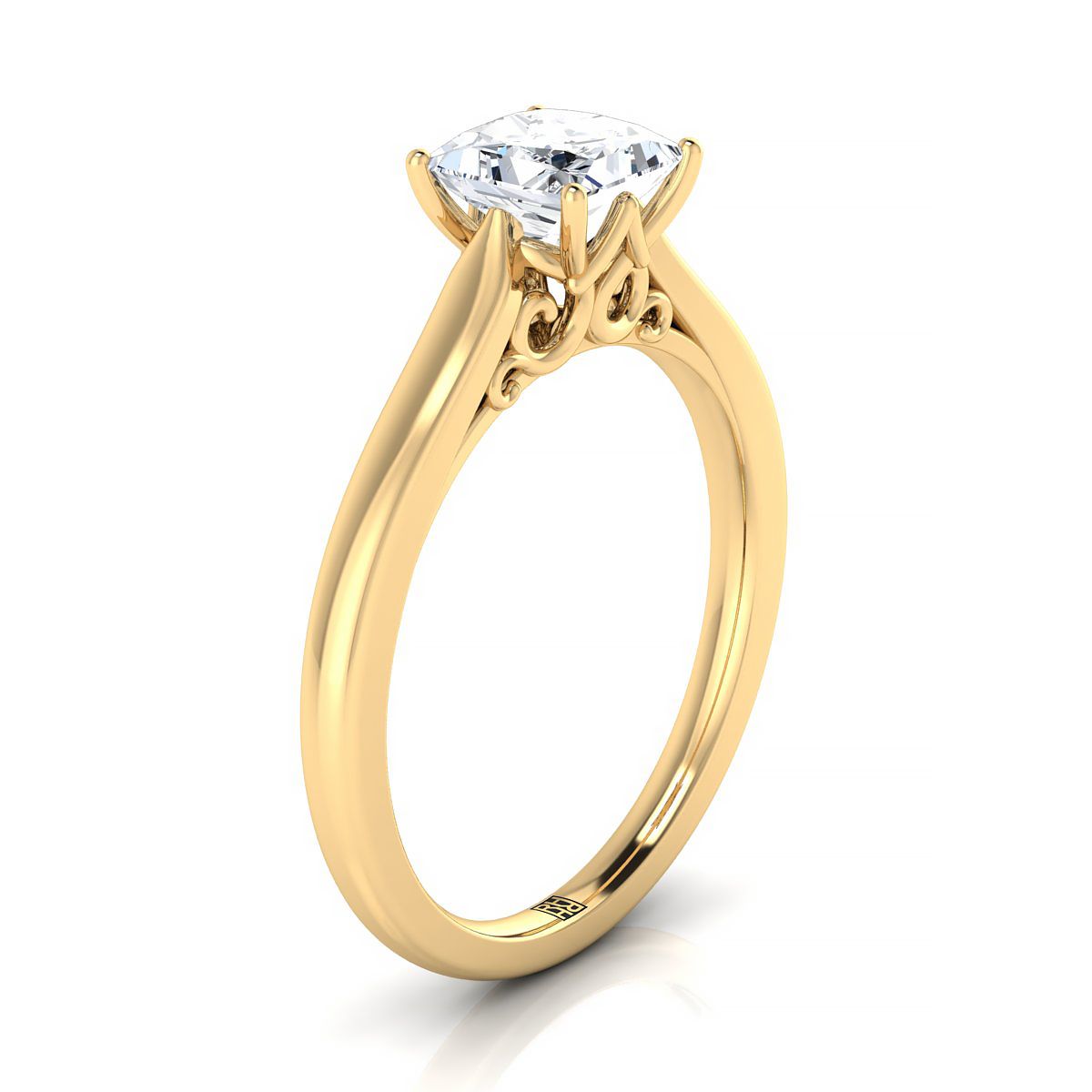 18K Yellow Gold Princess Cut Scroll Gallery Comfort Fit Solitaire Engagement Ring