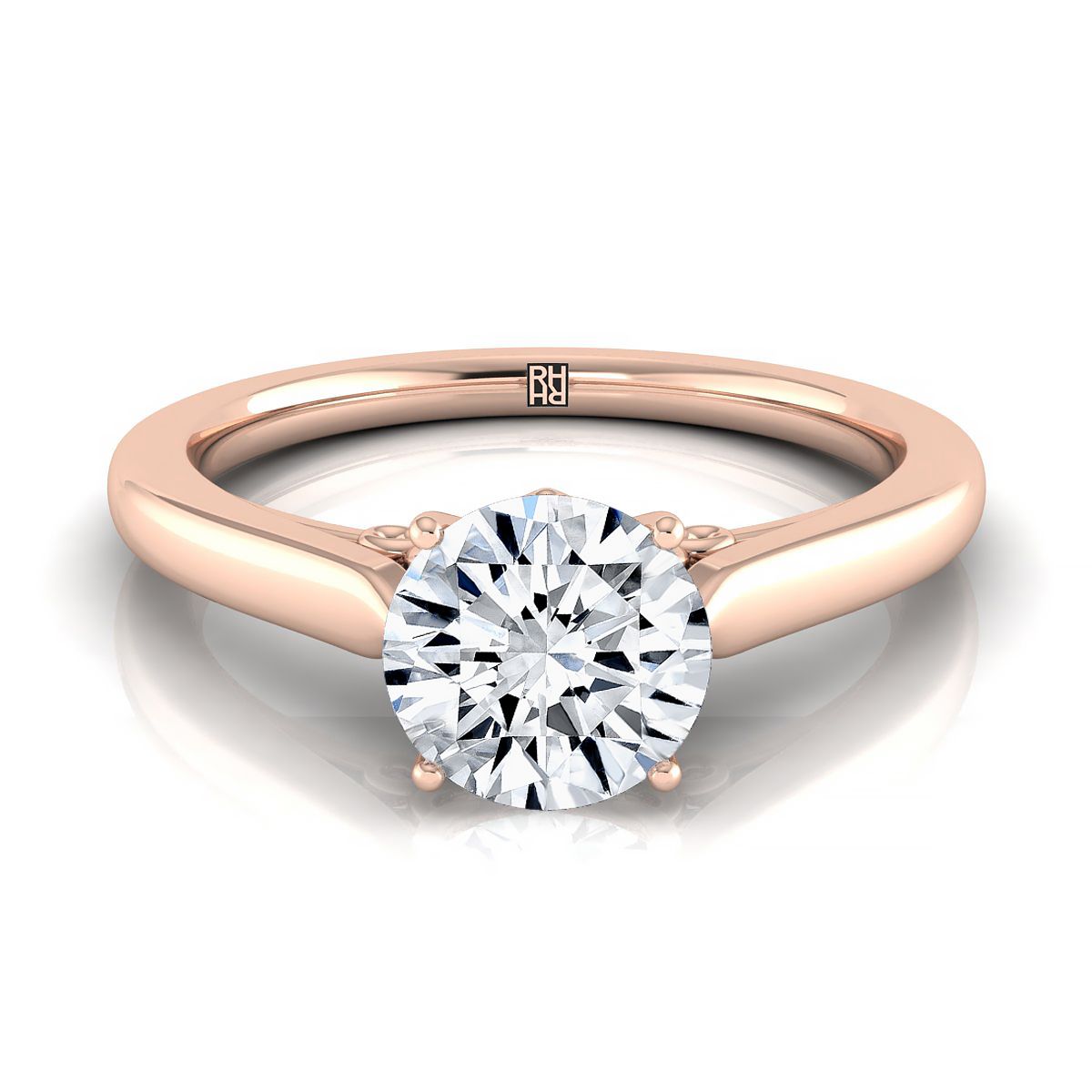 Round Brilliant, Scroll Gallery Solitaire, in 14K Rose Gold, prong setting | RockHer
