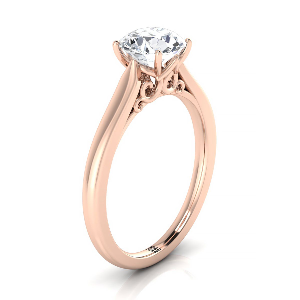 Round Brilliant, Scroll Gallery Solitaire, in 14K Rose Gold, prong setting – side profile | RockHer