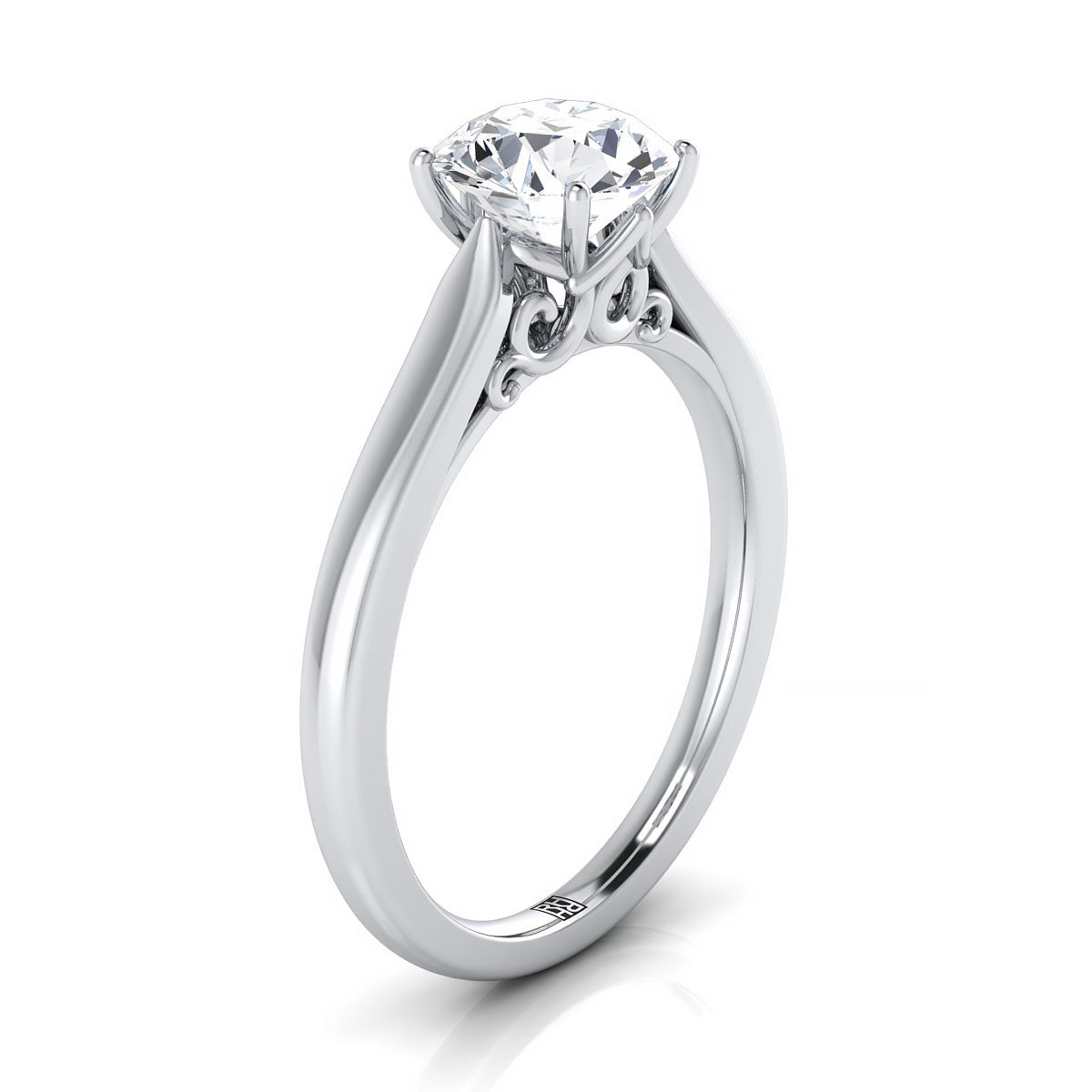 Round Brilliant, Scroll Gallery Solitaire, in Platinum – side profile | RockHer