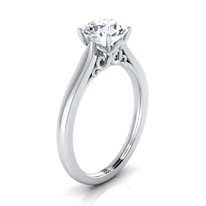 Round Brilliant, Scroll Gallery Solitaire, in 18K White Gold – side profile | RockHer