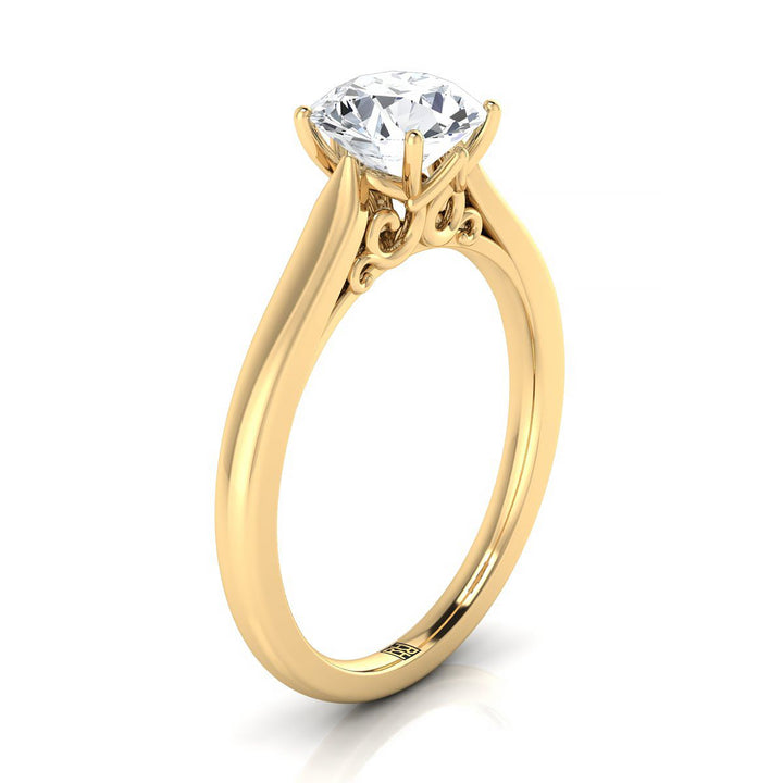 Round Brilliant, Scroll Gallery Solitaire, in 18K Yellow Gold – side profile | RockHer