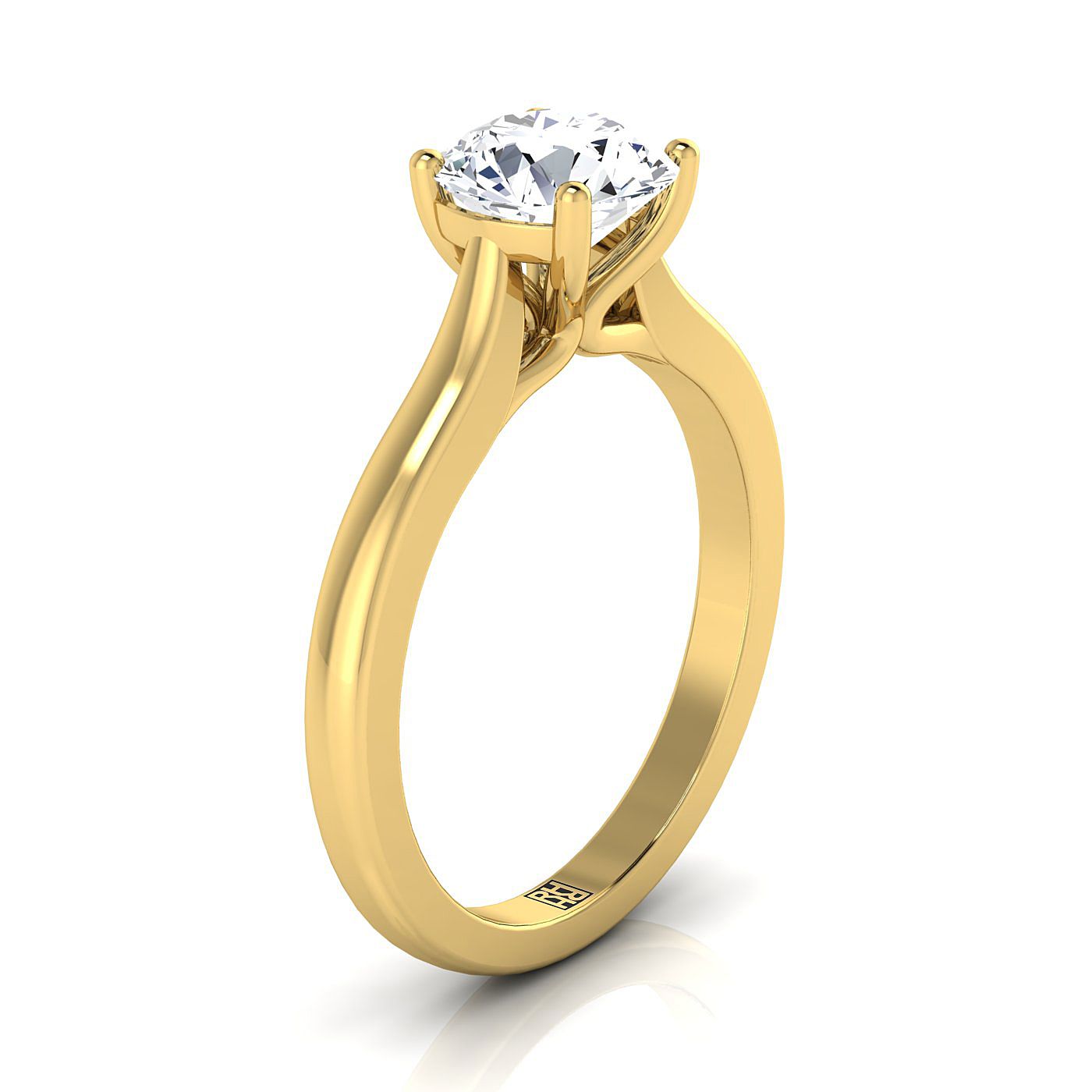 Round Brilliant, Comfort Fit Cathedral Solitaire, in 18K Yellow Gold – side profile | RockHer